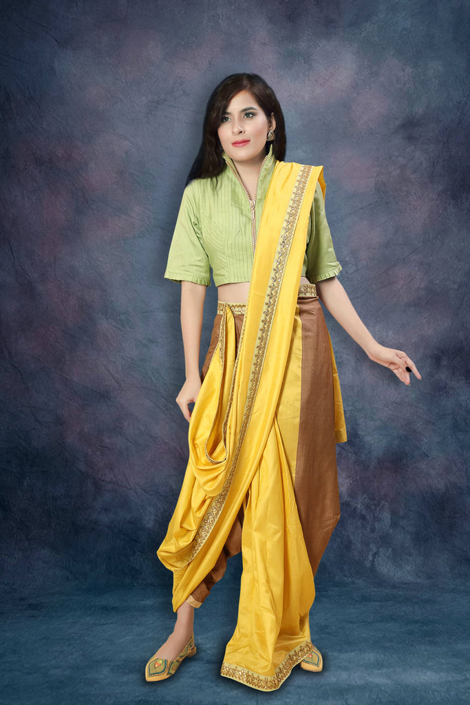 Yellow Brown Drape Saree- Ready to wear- Fusion Party Wear – Dharang
