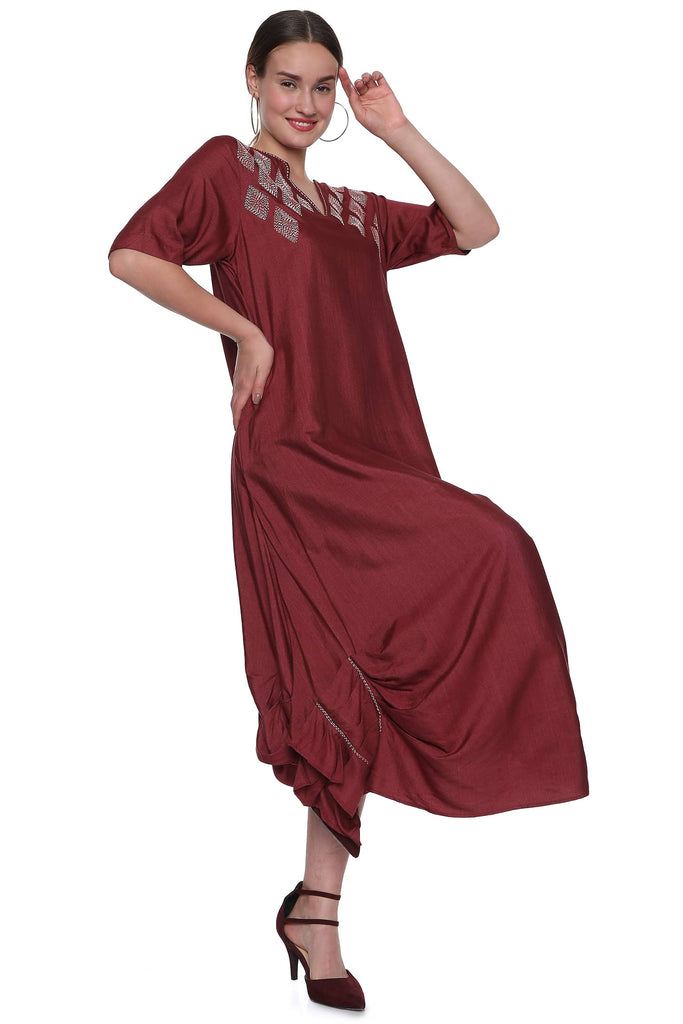 Plum Cowl Tunic Dress - Sujani Crafted-Handloom Tussar- Resort