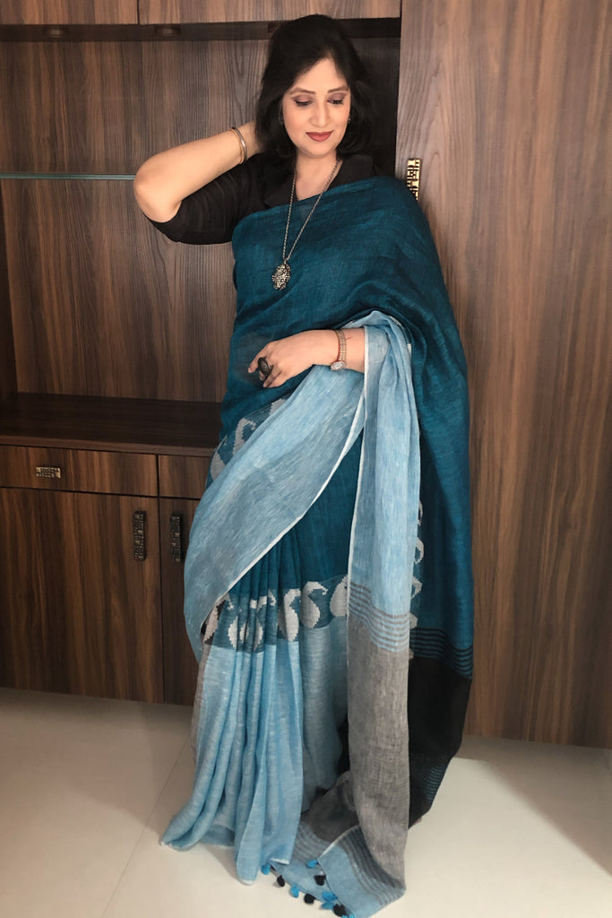 Sky Blue Linen Floral Saree – Via East