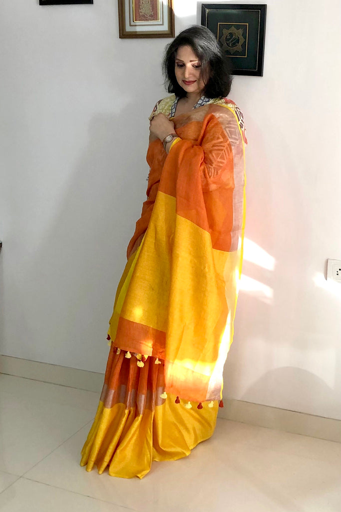 Party Wear Sarees : Yellow and red chinon silk ready to wear ...