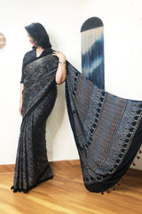 Buy Indigo Stria Ajrakh Modal Silk Saree - House Of Elegance