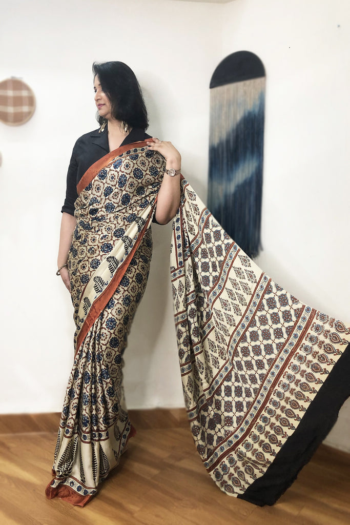 Handcrafted modal silk saree with traditional Ajrakh prints and Hand  Weaving in vegetable dyes
