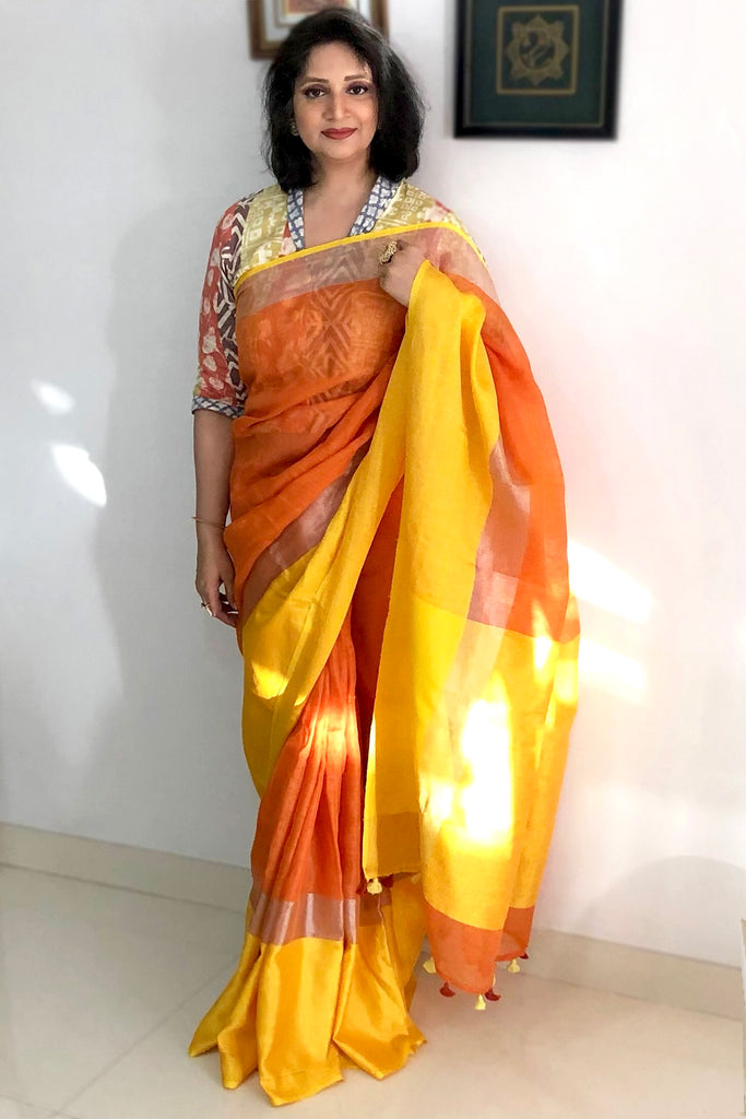 Woven Linen Saree In Orange – BEST SAREE