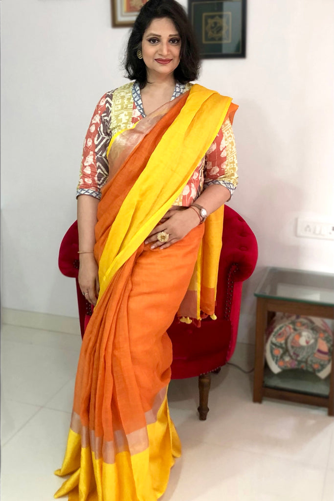 Buy LADUSAA Yellow & Orange Check Saree With Blouse for Women's Online @  Tata CLiQ