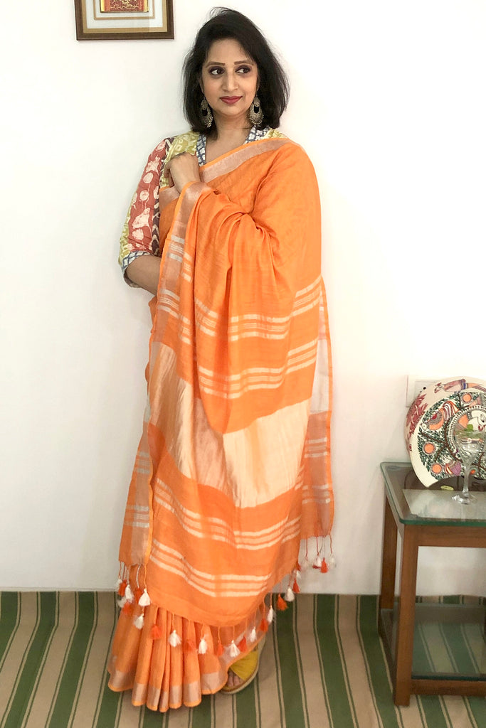 Orange Linen saree – Bhagalpuri Textile