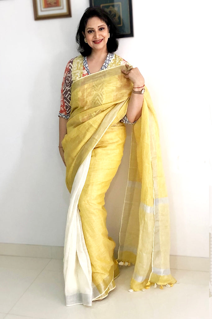 Off White Linen Saree – StylebyPanaaash