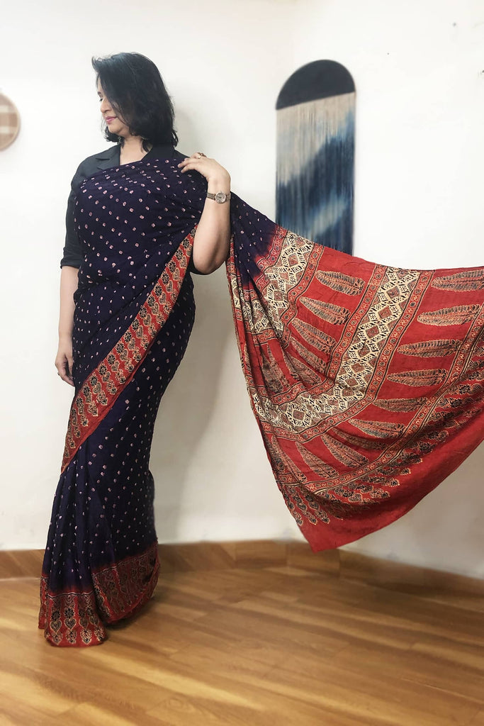 Bandhani Ajrakh Maheshwari Silk Maroon Body With Black and Zari Border Saree  - Byhand I Indian Ethnic Wear Online I Sustainable Fashion I Handmade  Clothes