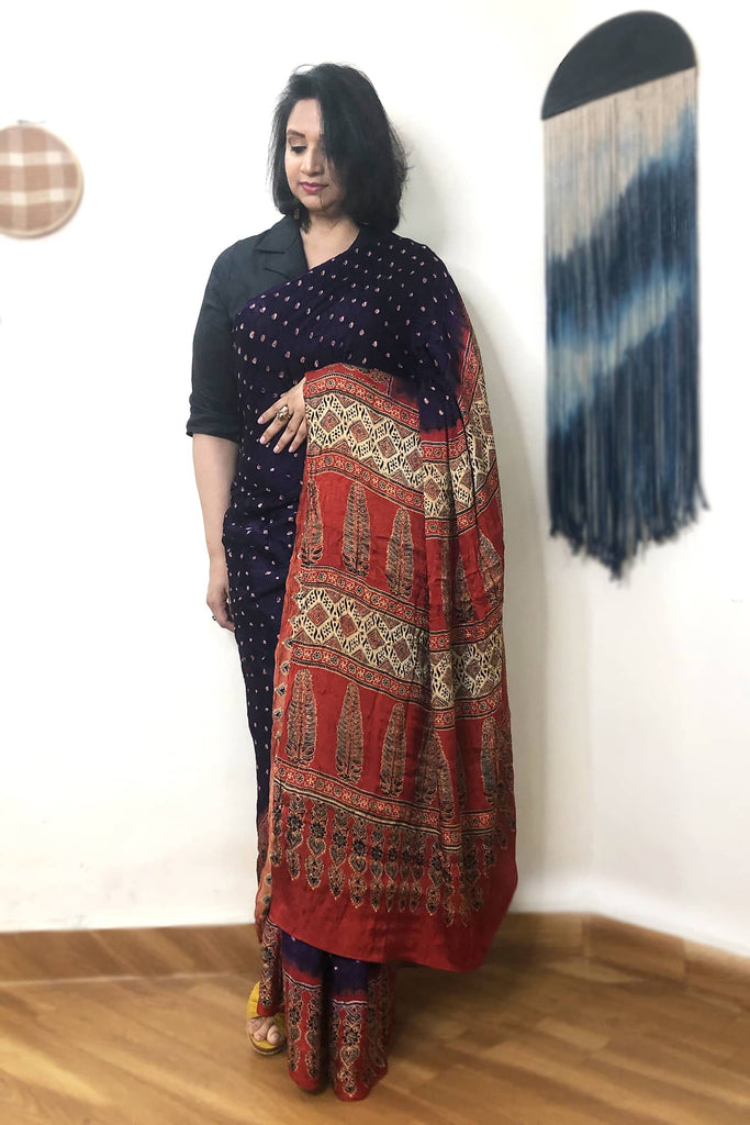 Handcrafted modal silk saree with traditional Ajrakh prints and Golden  Border in vegetable dyes – Bhoomi Handicrafts