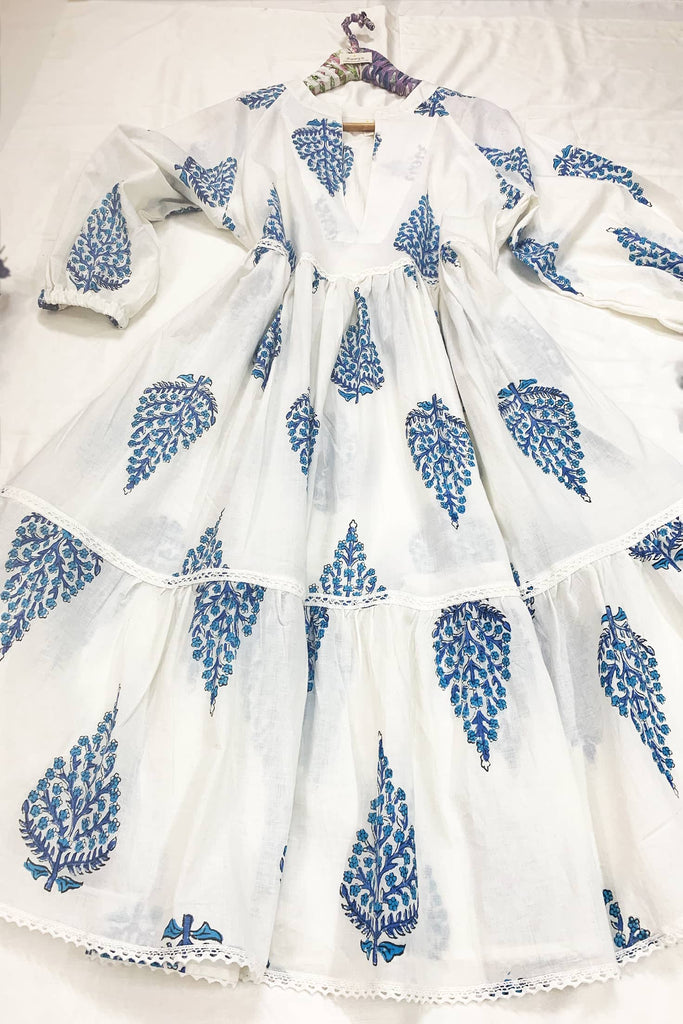 Pastel Blue Cotton Dress, Handblock Blue Floral Cotton Dress for