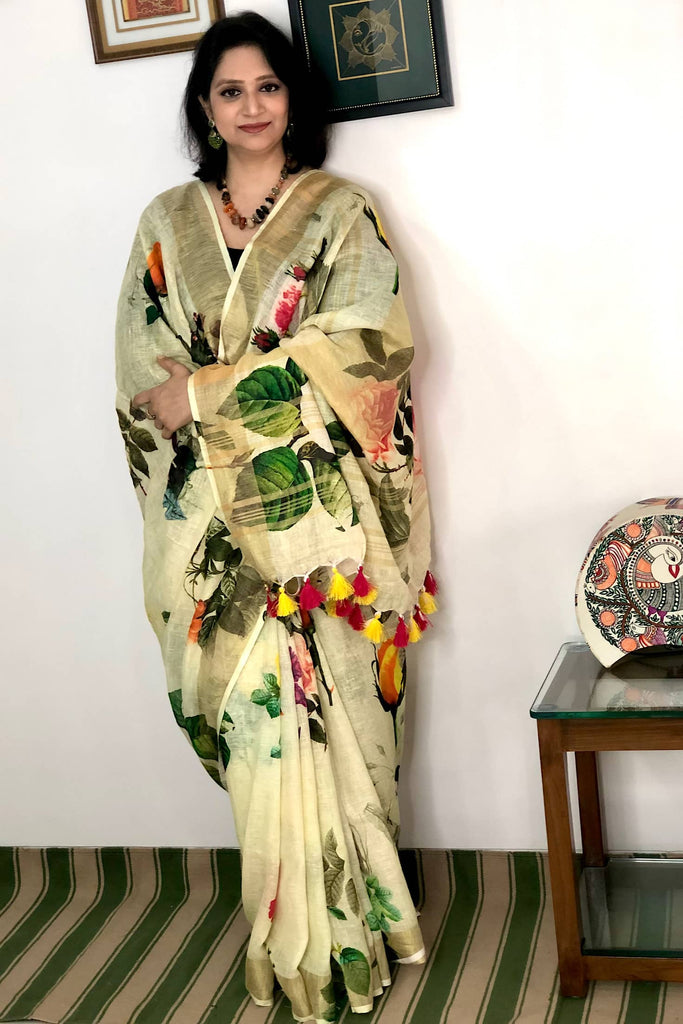 Mesmerizing Green Floral Printed Organza Festive Wear Saree(Un-Stitched)