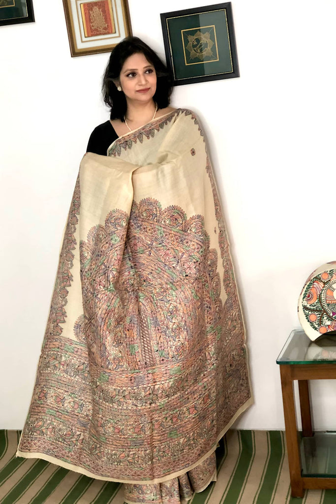 Party Wear Madhubani Hand Painted Pure Dupion Raw Silk Handloom Saree . at  Best Price in Raigarh | Manisha Silk Weaves