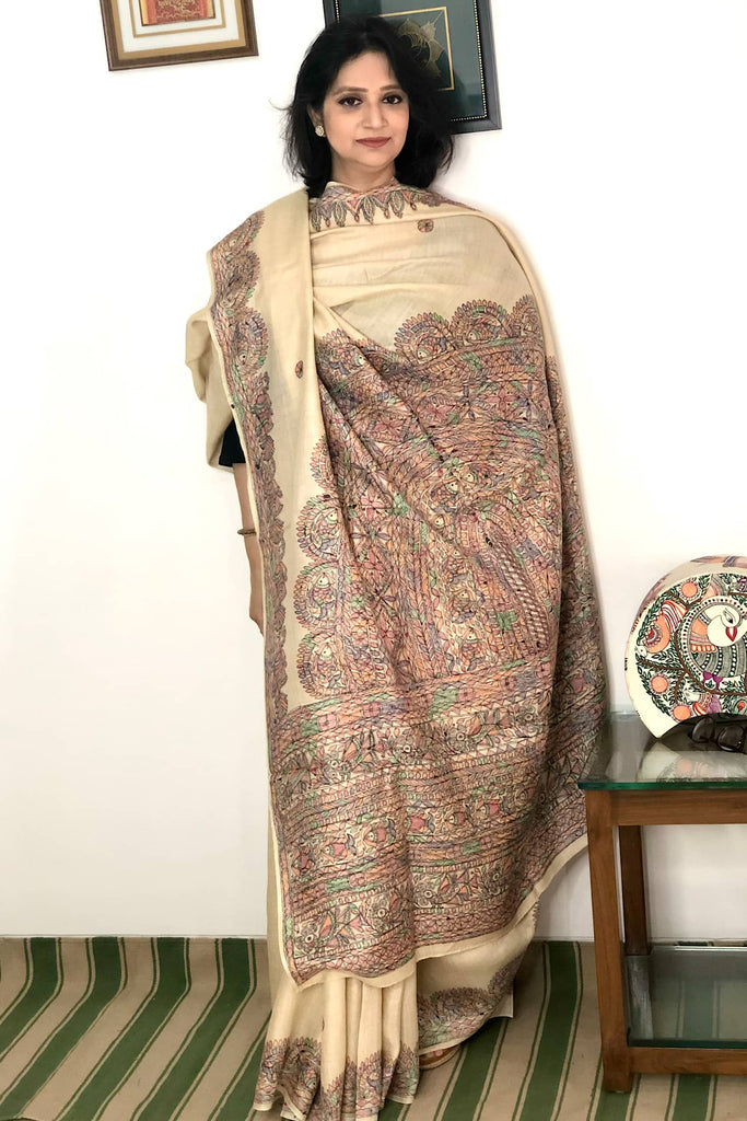 SIAZ LOOM Handloom Kerala Saree with Madhubani Art Hand Paintings - Golden  Zari Border (Kara) with black madhubani patterns - Siaz Loom