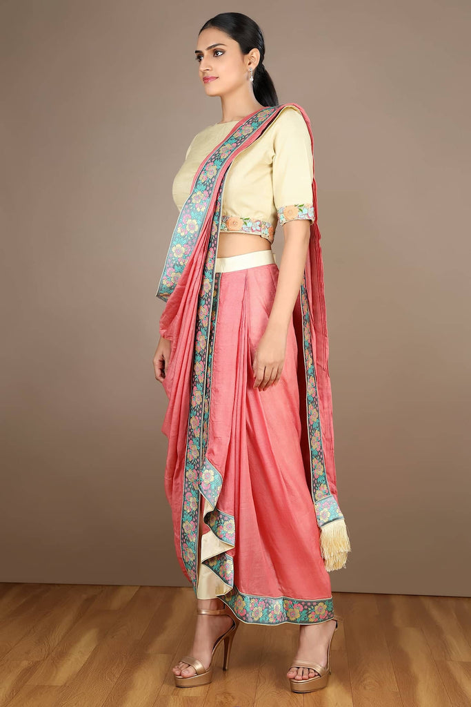 Pink Munga Silk Drape Saree with Blouse- Ready To Wear- Party Wear – Dharang