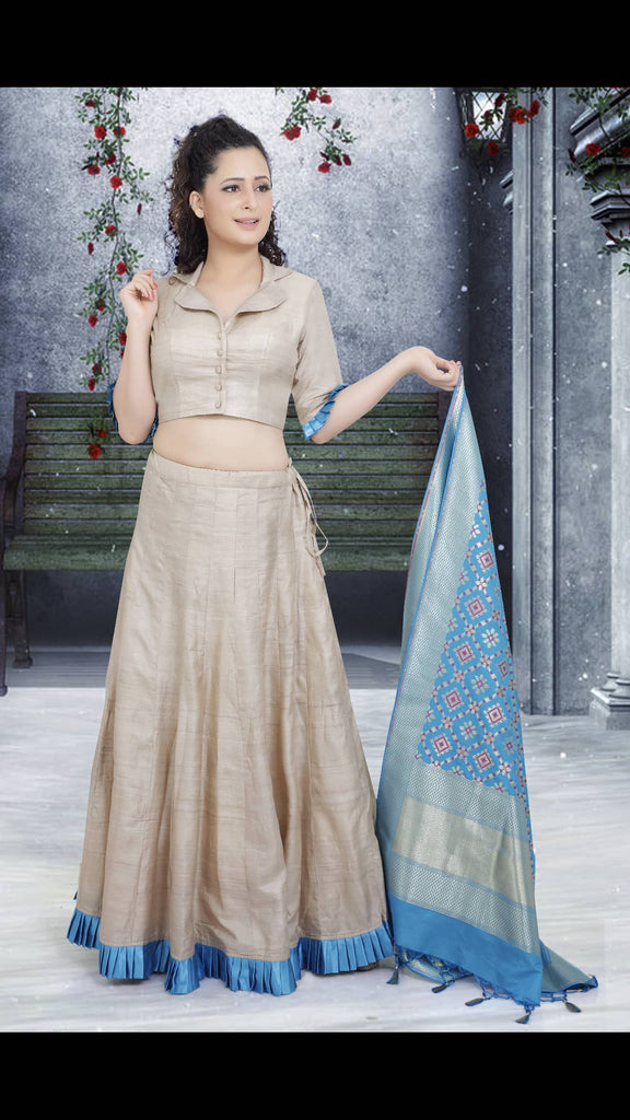 Pale Blue Colour Georgette Short Jacket with Lehenga and Bustier