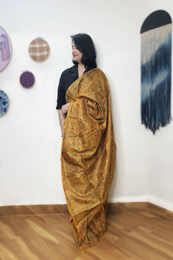 Buy Handcrafted Madhubani Durga Silk Saree- MithilanchalGroup